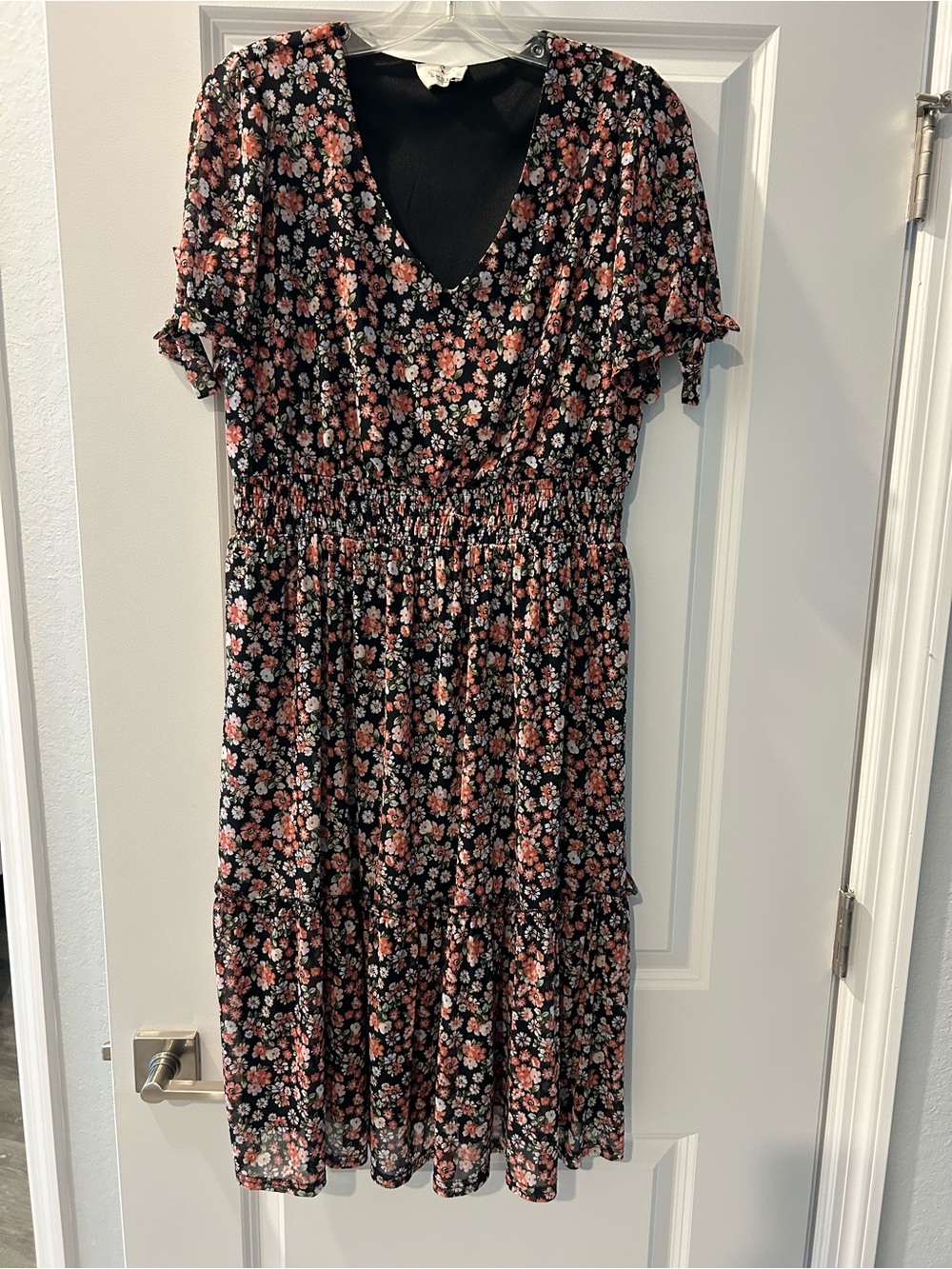 V-Neck Black Midi Dress with Pink Floral Print